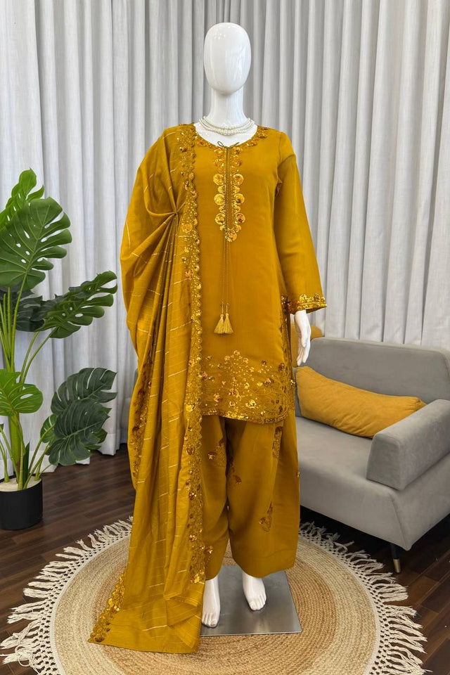 Yellow Floral Embroidered Chanderi Straight Cut Suit (KD-1604-yellow)