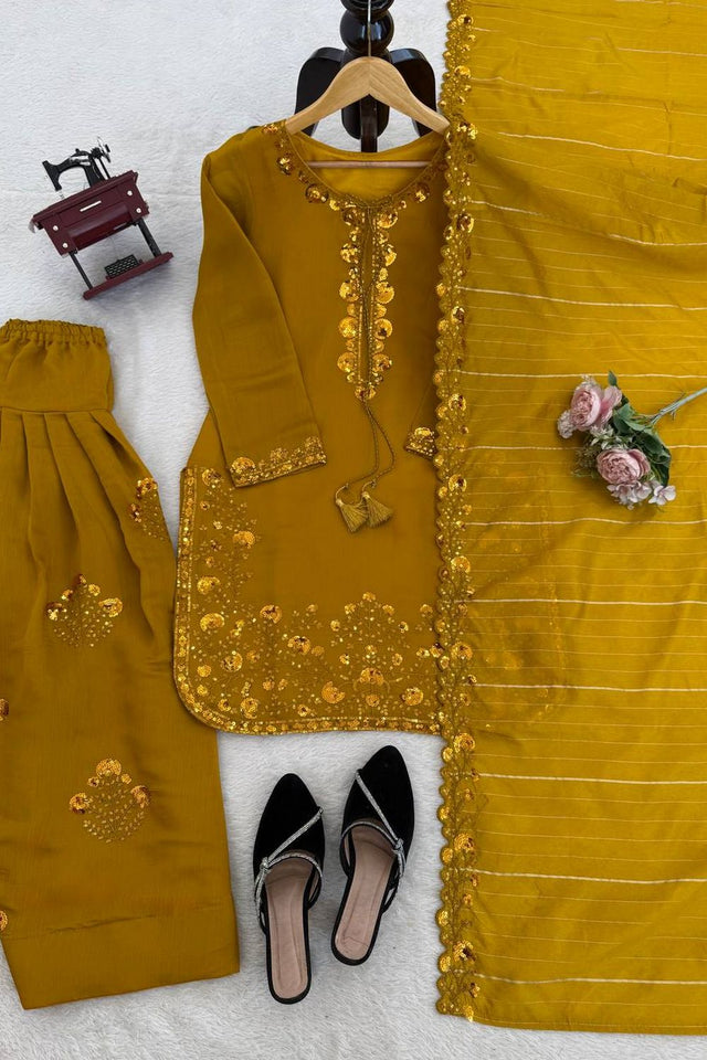 Yellow Floral Embroidered Chanderi Straight Cut Suit (KD-1604-yellow)