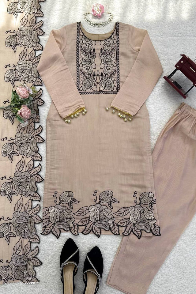 Peach Floral Embroidered Chanderi Straight Cut Suit (KD-1609)