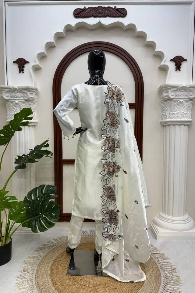 Off White Floral Embroidered Art Silk Straight Cut Suit (KD-1609-off white)