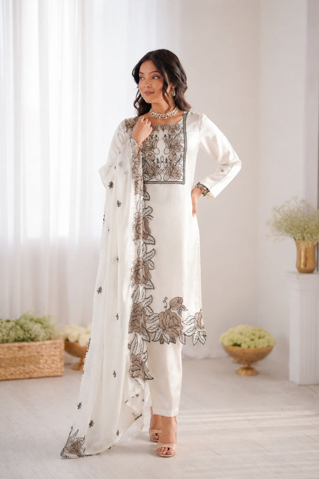 Off White Floral Embroidered Art Silk Straight Cut Suit (KD-1609-off white)