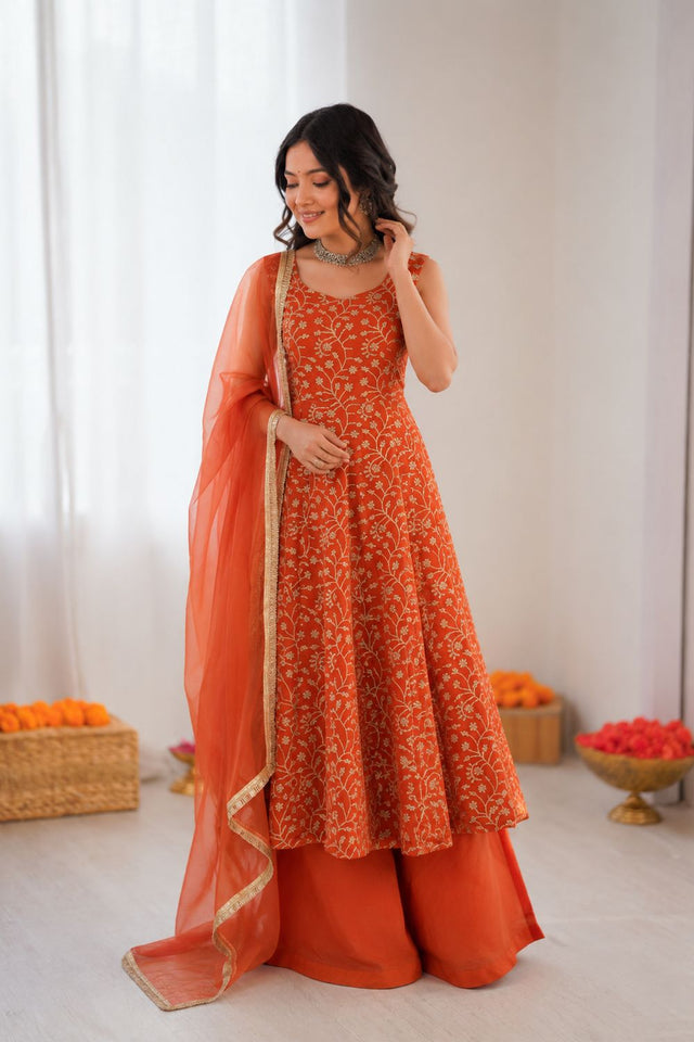 Orange Embroidered Georgette Palazzo Suit (KD-1610)
