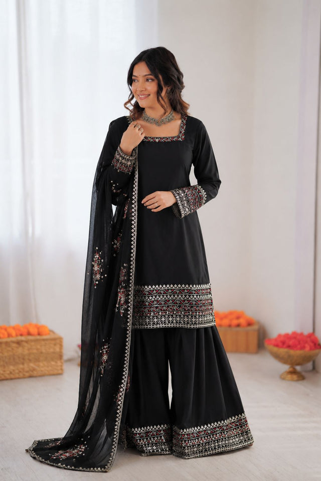 Black Embroidered Crepe Palazzo Suit (KD-1611)