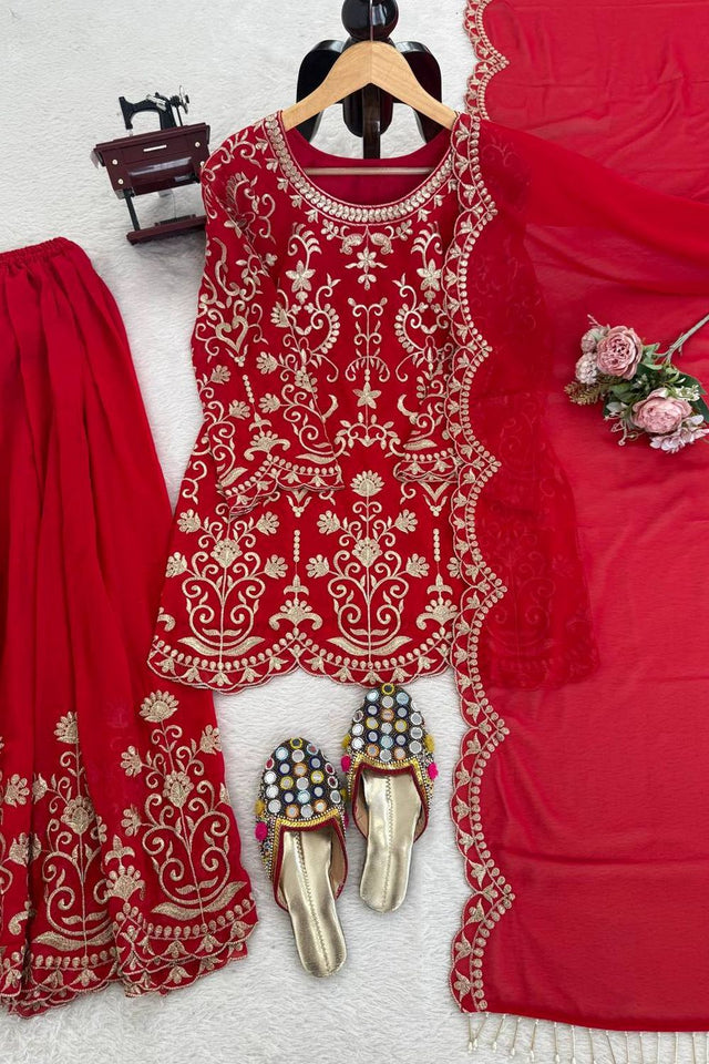 Red Floral Embroidered Georgette Palazzo Suit (KD-1612)