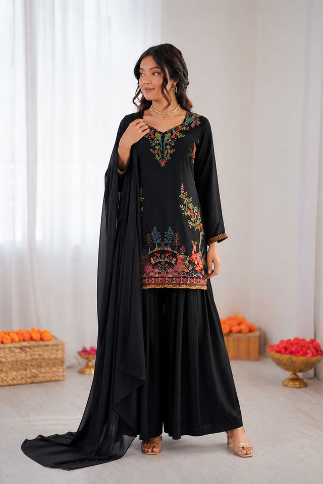 Black Embroidered Rayon Sharara Suit (KD-1616-black)