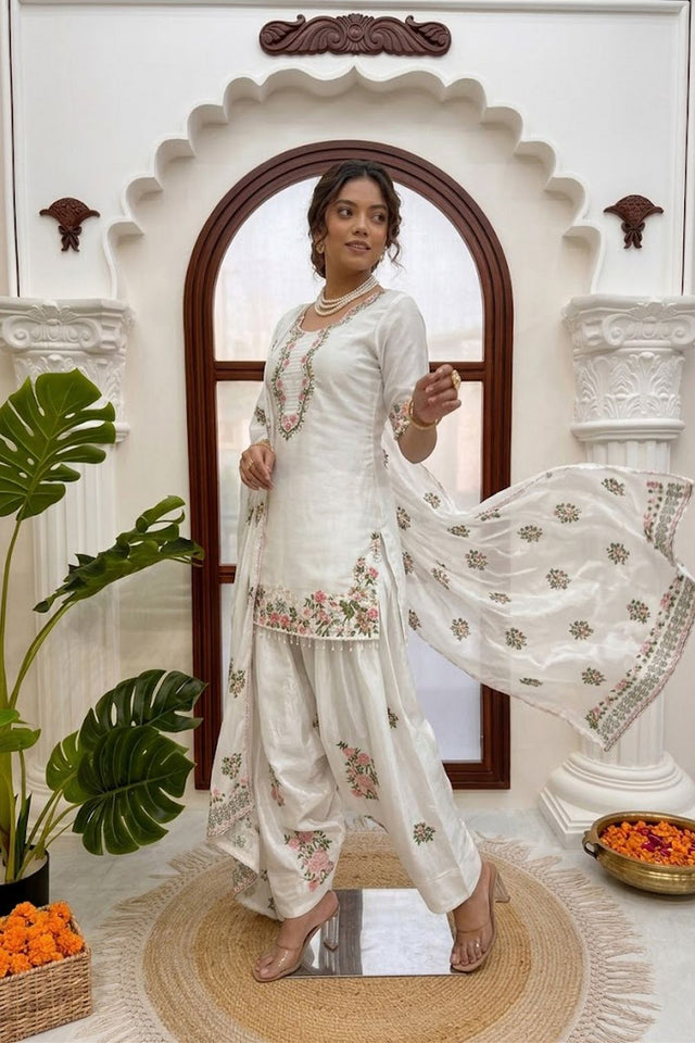 Off White Floral Embroidered Art Silk Palazzo Suit (KD-1617)