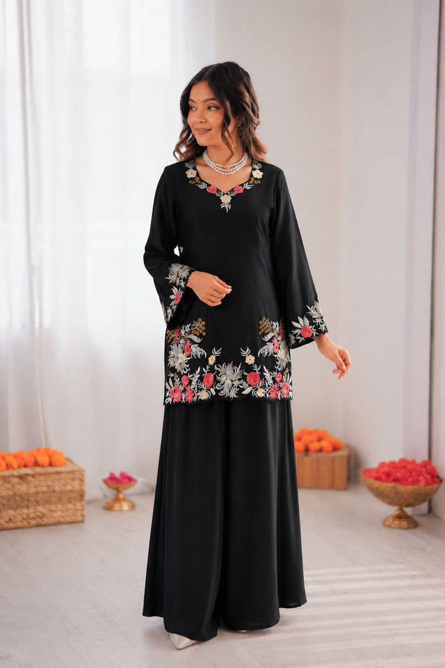 Black Floral Embroidered Rayon Palazzo Suit (KD-1618)