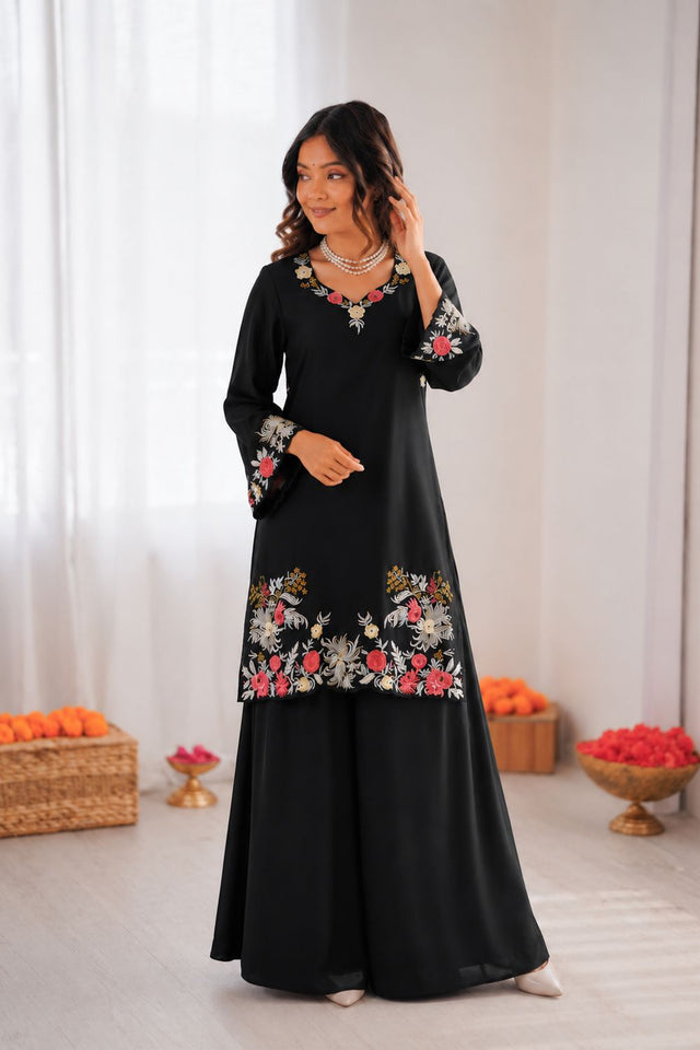 Black Floral Embroidered Rayon Palazzo Suit (KD-1618)