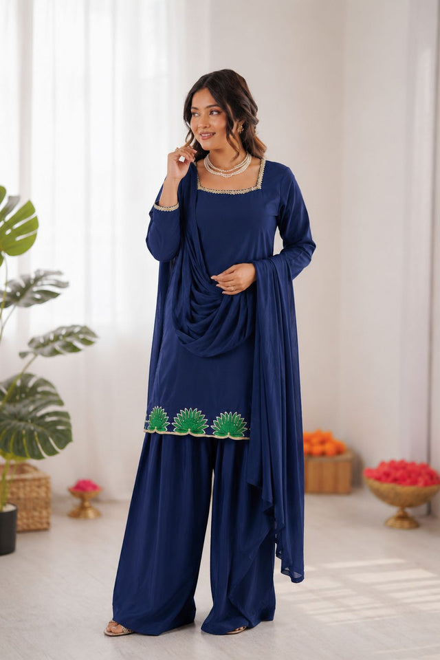 Blue Embroidered Art Silk Palazzo Suit (KD-1620)