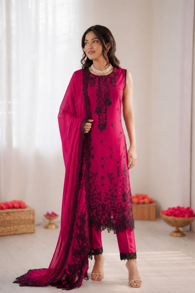 Dark Pink Floral Embroidered Art Silk Straight Cut Suit (KD-1622)