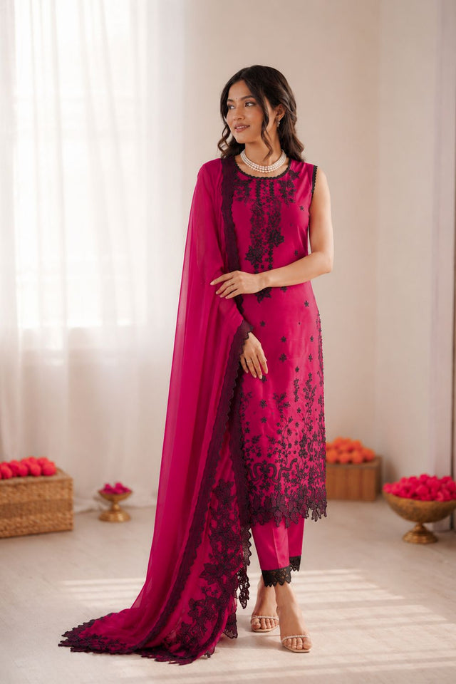 Dark Pink Floral Embroidered Art Silk Straight Cut Suit (KD-1622)