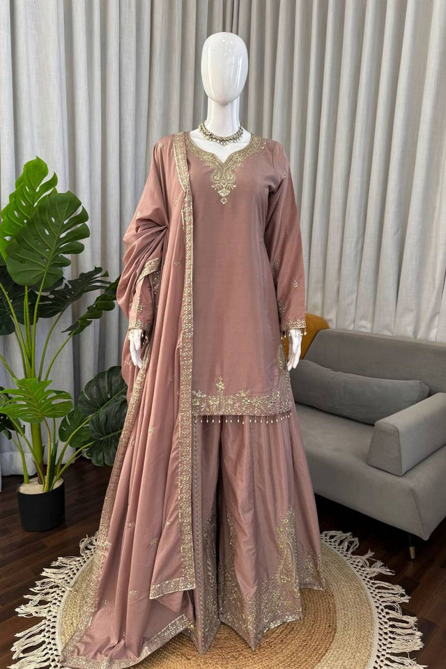 Pink Floral Embroidered Crepe Sharara Suit (KD1586-onionp ink)