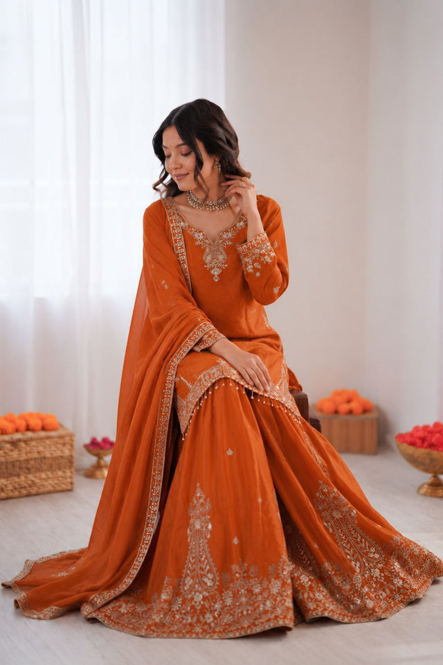 Orange Floral Embroidered Crepe Sharara Suit (KD1586-orange)