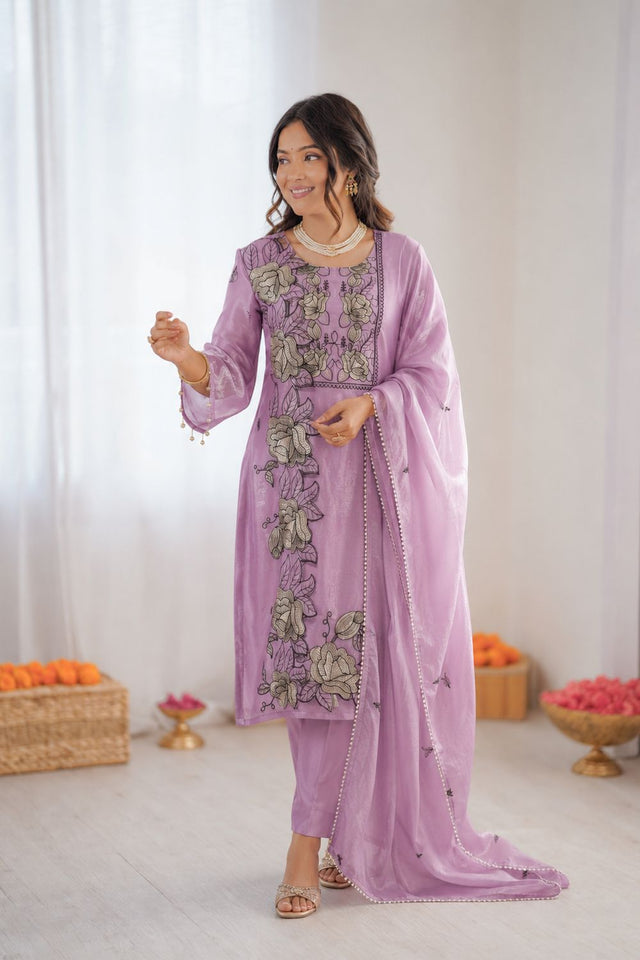 Lavender Floral Print with Thread Work Art Silk Straight Cut Suit (KD1609-lavender)