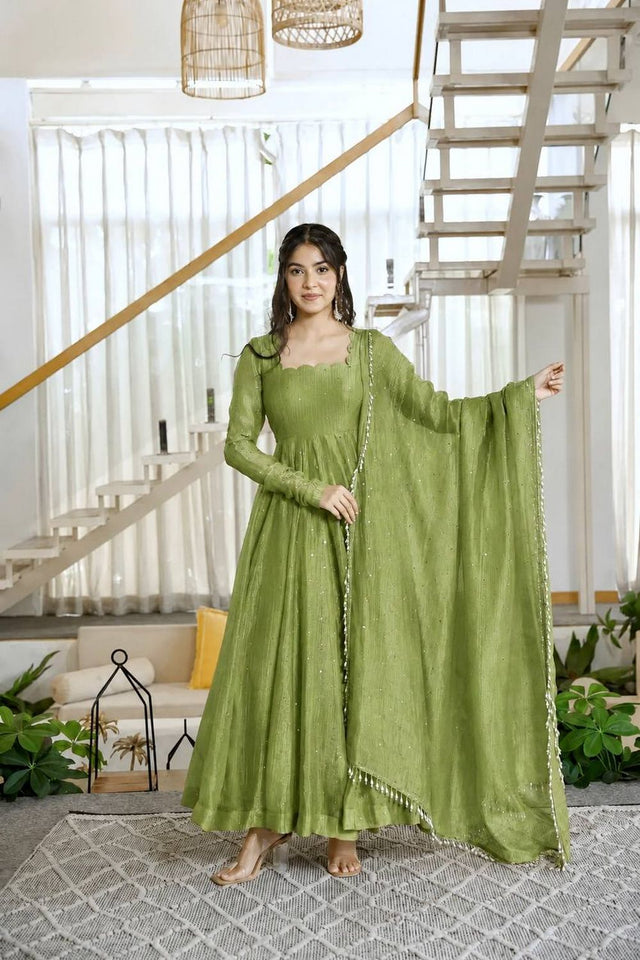 Olive Green Embroidered Silk Anarkali Suit (KDK-1641-Olive)