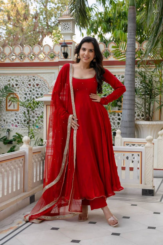 Red Solid Georgette Anarkali Suit (KDK-1643)