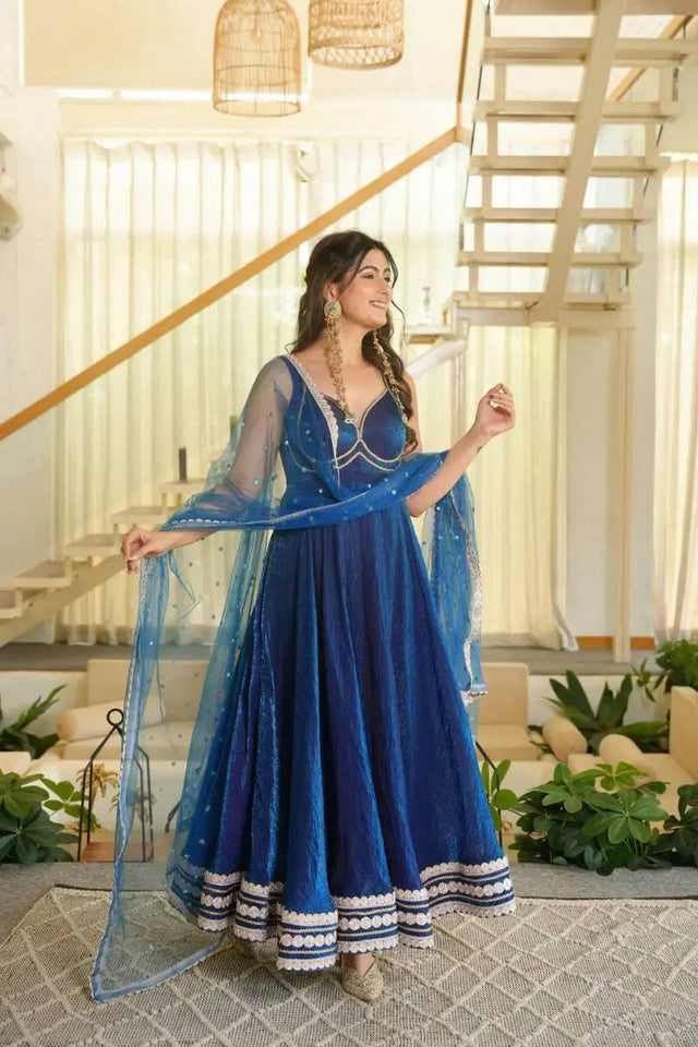 Blue Solid with Lace Border Silk Anarkali Suit (KDK-1644)