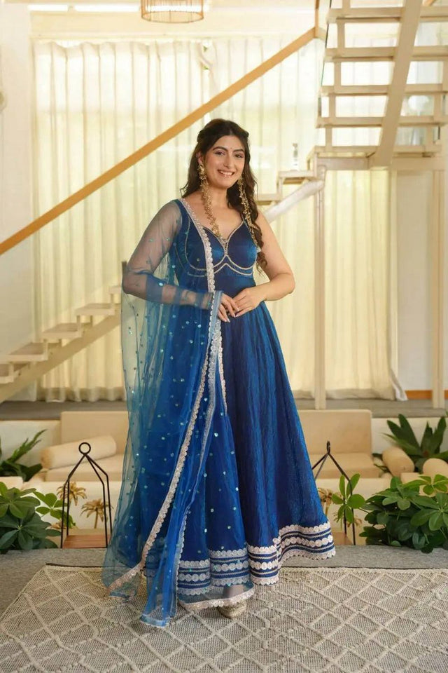 Blue Solid with Lace Border Silk Anarkali Suit (KDK-1644)