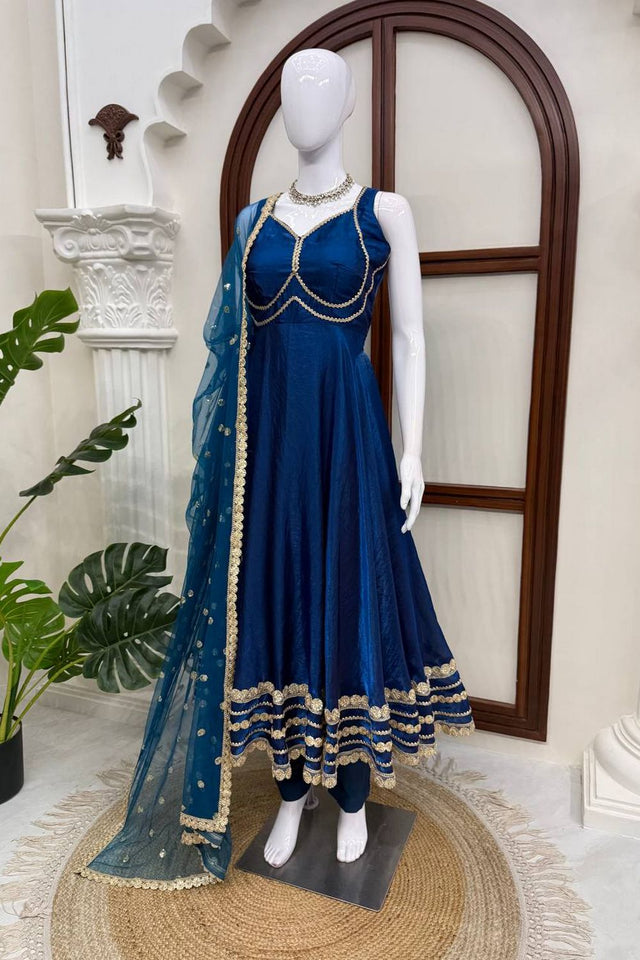 Blue Solid with Lace Border Silk Anarkali Suit (KDK-1644)