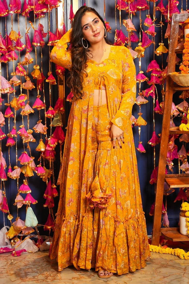 Yellow Floral Printed Art Silk Sharara Suits (KF-clora-101.)