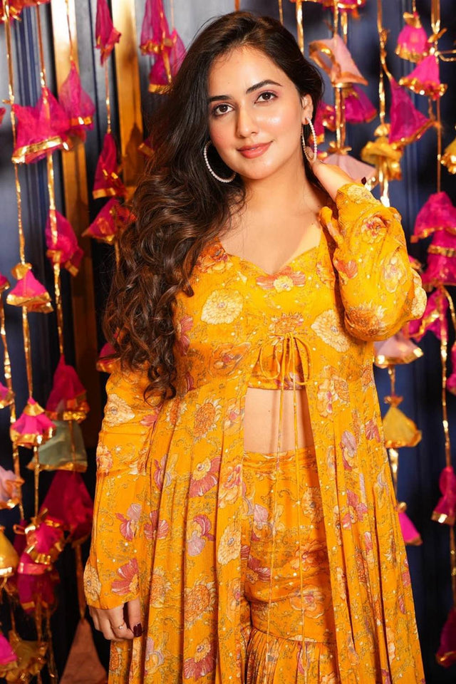Yellow Floral Printed Art Silk Sharara Suits (KF-clora-101.)