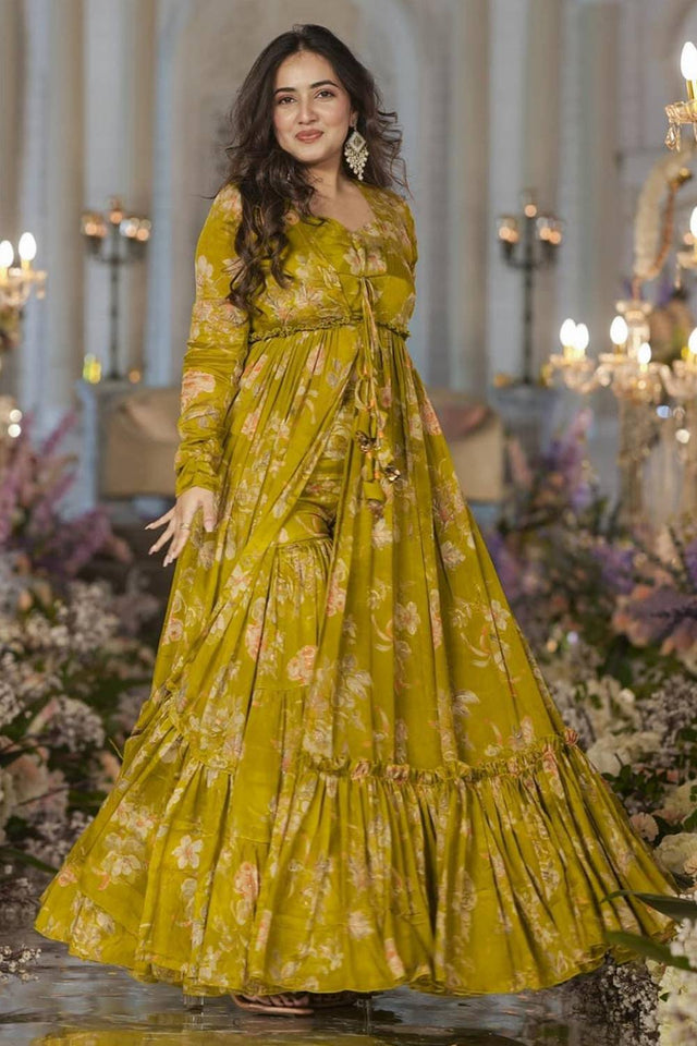 Mehendi Floral Printed Art Silk Sharara Suits (KF-clora-102.)