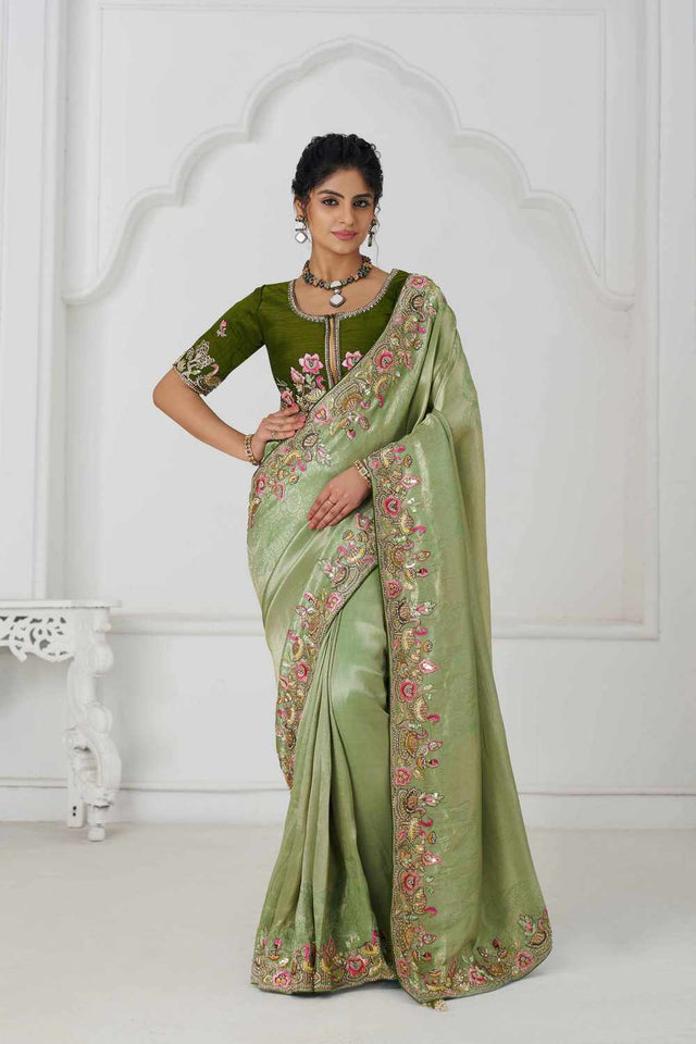 Green Embroidered Dola Viscose Silk Saree