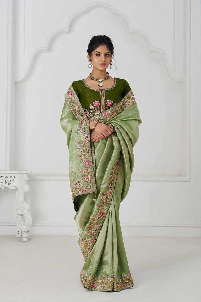 Green Embroidered Dola Viscose Silk Saree