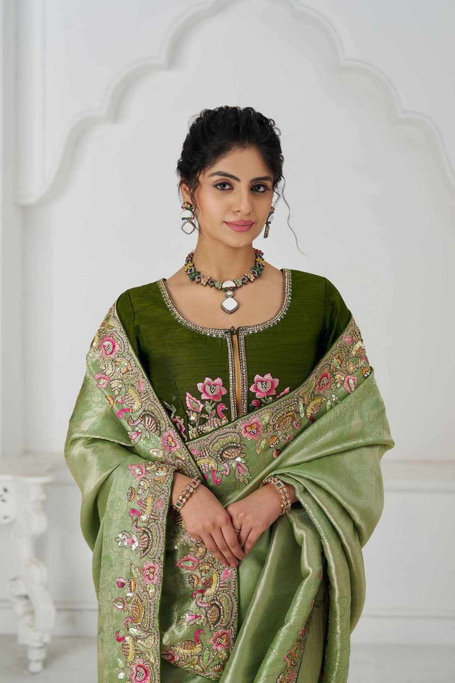 Green Embroidered Dola Viscose Silk Saree