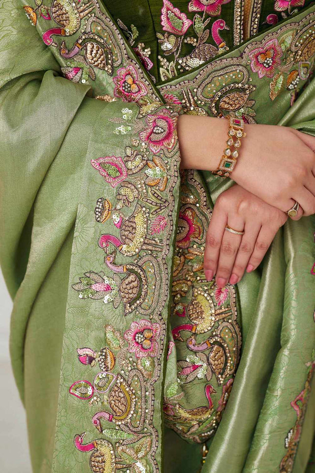Green Embroidered Dola Viscose Silk Saree