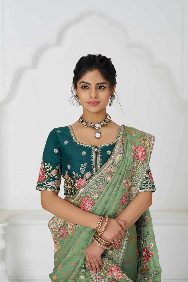 Green Embroidered Dola Viscose Silk Saree