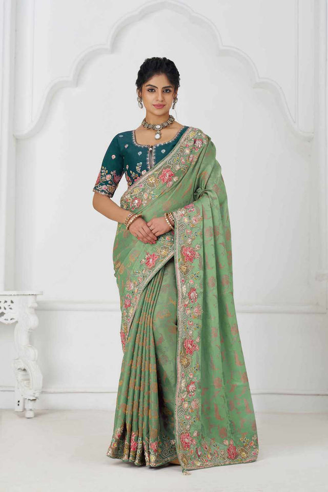 Green Embroidered Dola Viscose Silk Saree