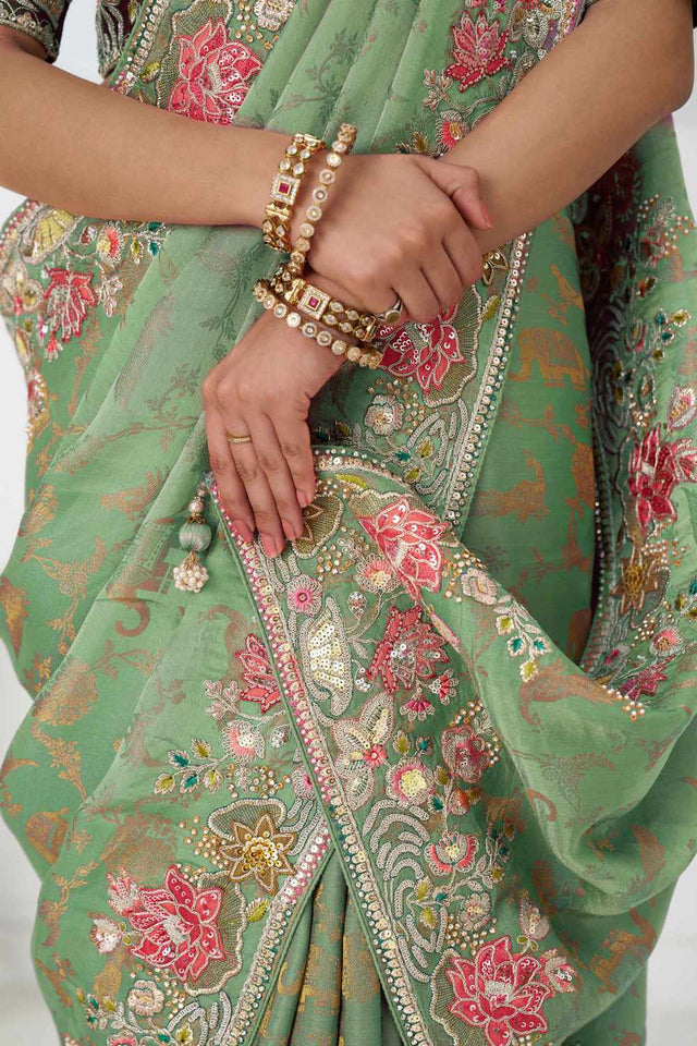 Green Embroidered Dola Viscose Silk Saree