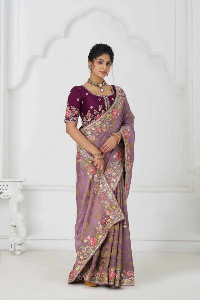Mauve Embroidered Dola Viscose Silk Saree