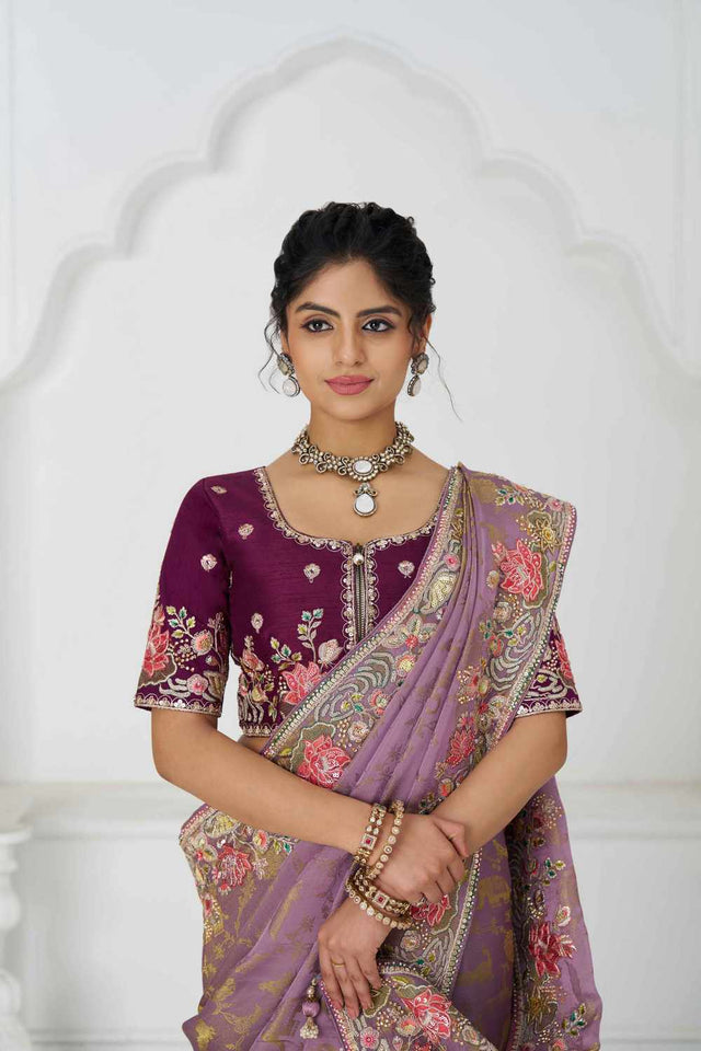 Mauve Embroidered Dola Viscose Silk Saree