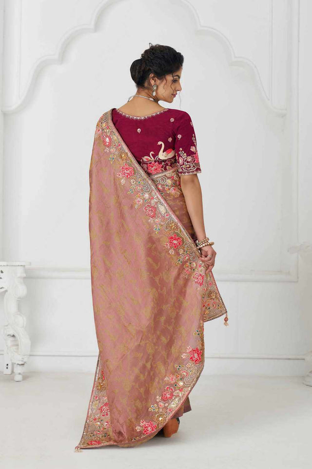 Peach Embroidered Dola Viscose Silk Saree