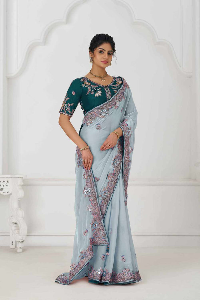 Blue Embroidered Fendi Silk Saree
