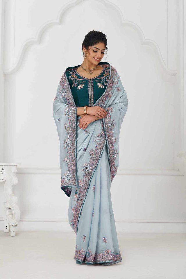 Blue Embroidered Fendi Silk Saree