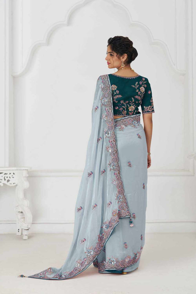 Blue Embroidered Fendi Silk Saree