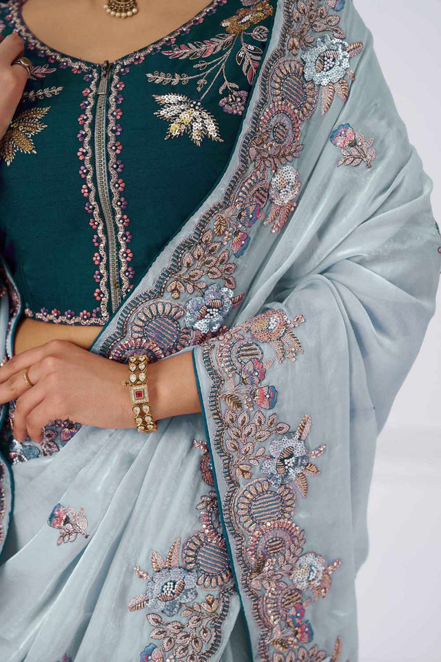 Blue Embroidered Fendi Silk Saree