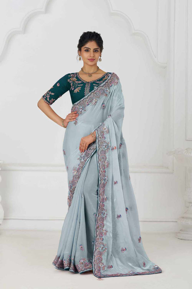 Blue Embroidered Fendi Silk Saree