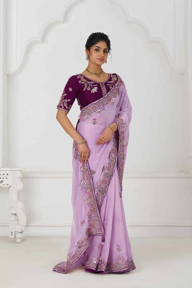 Mauve Embroidered Fendi Silk Saree