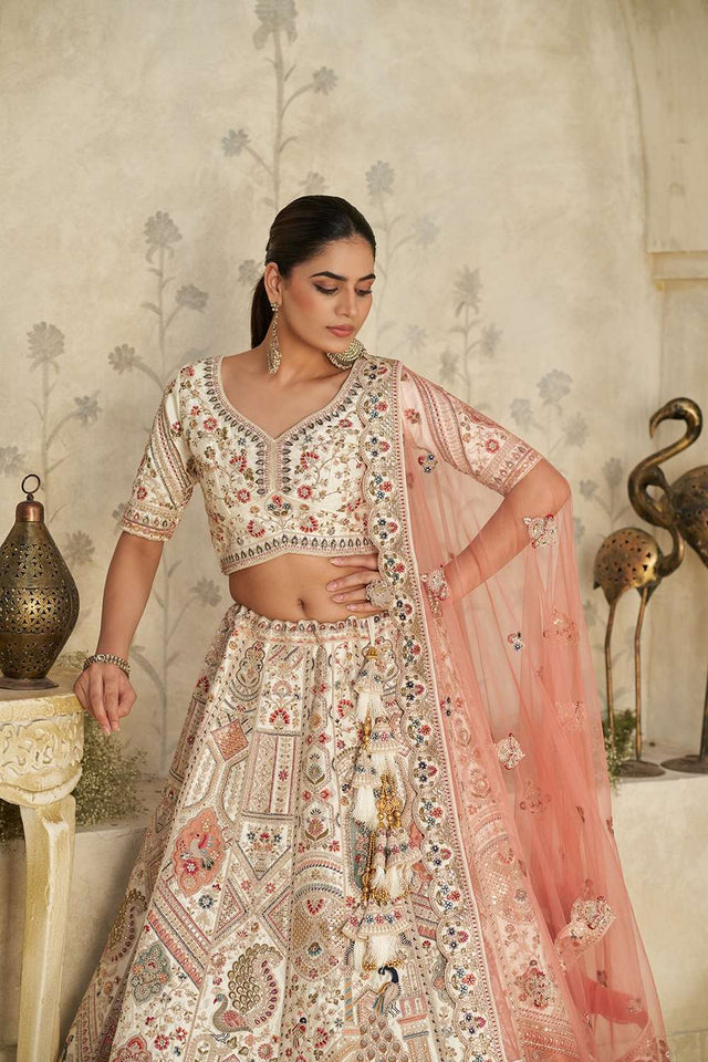 Cream Sequin with Embroidered Silk Lehenga