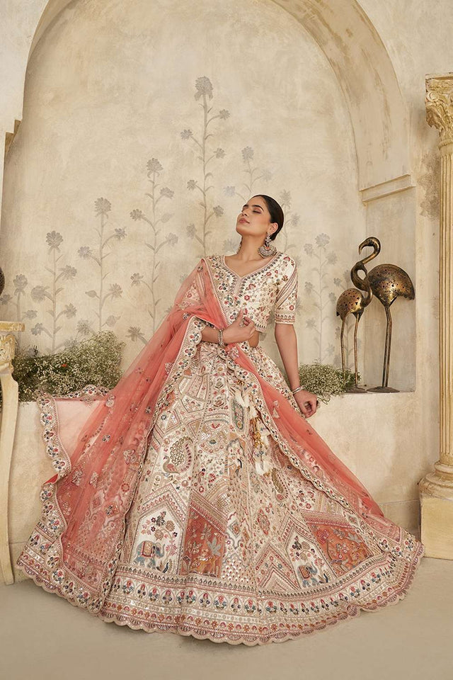 Cream Sequin with Embroidered Silk Lehenga