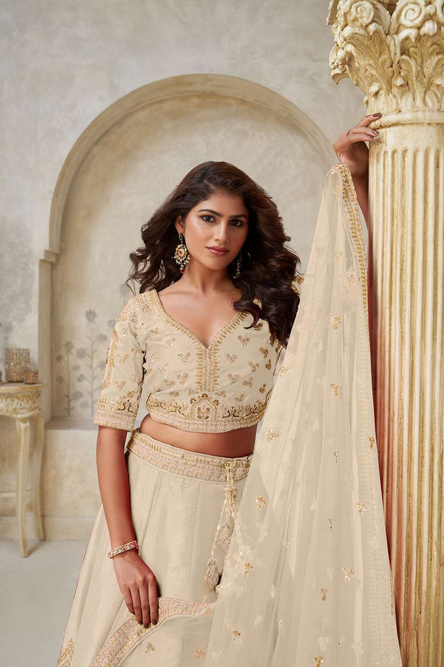 Cream Sequin with Embroidered Silk Lehenga