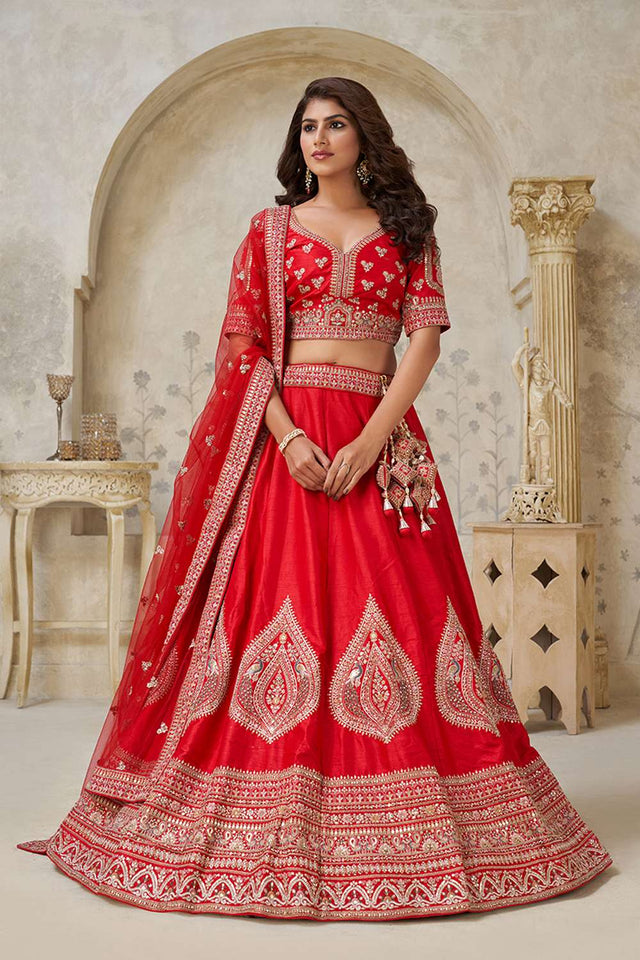 Red Sequin with Embroidered Silk Lehenga