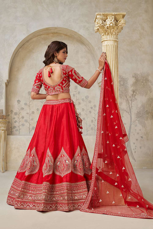 Red Sequin with Embroidered Silk Lehenga