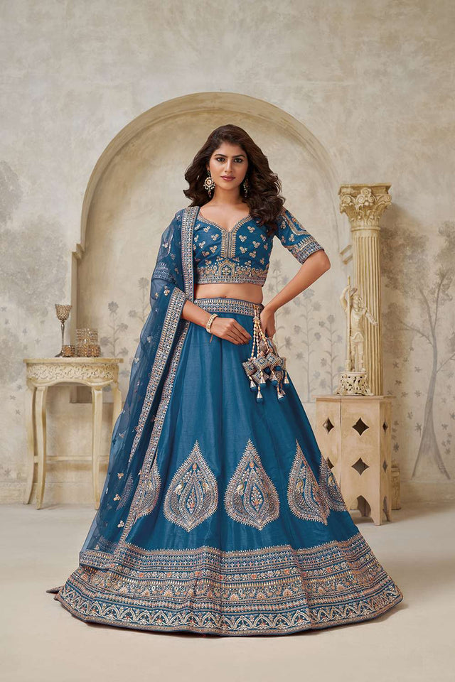 Turquoise Sequin with Embroidered Silk Lehenga