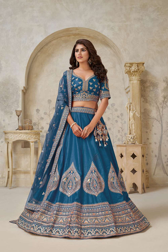 Turquoise Sequin with Embroidered Silk Lehenga