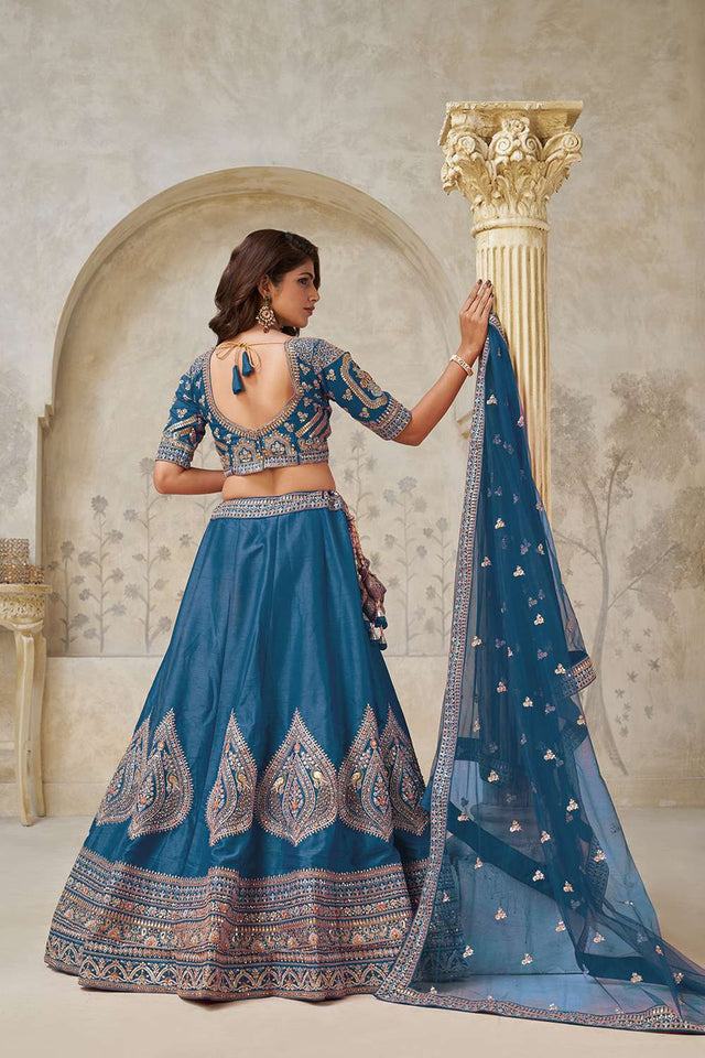 Turquoise Sequin with Embroidered Silk Lehenga